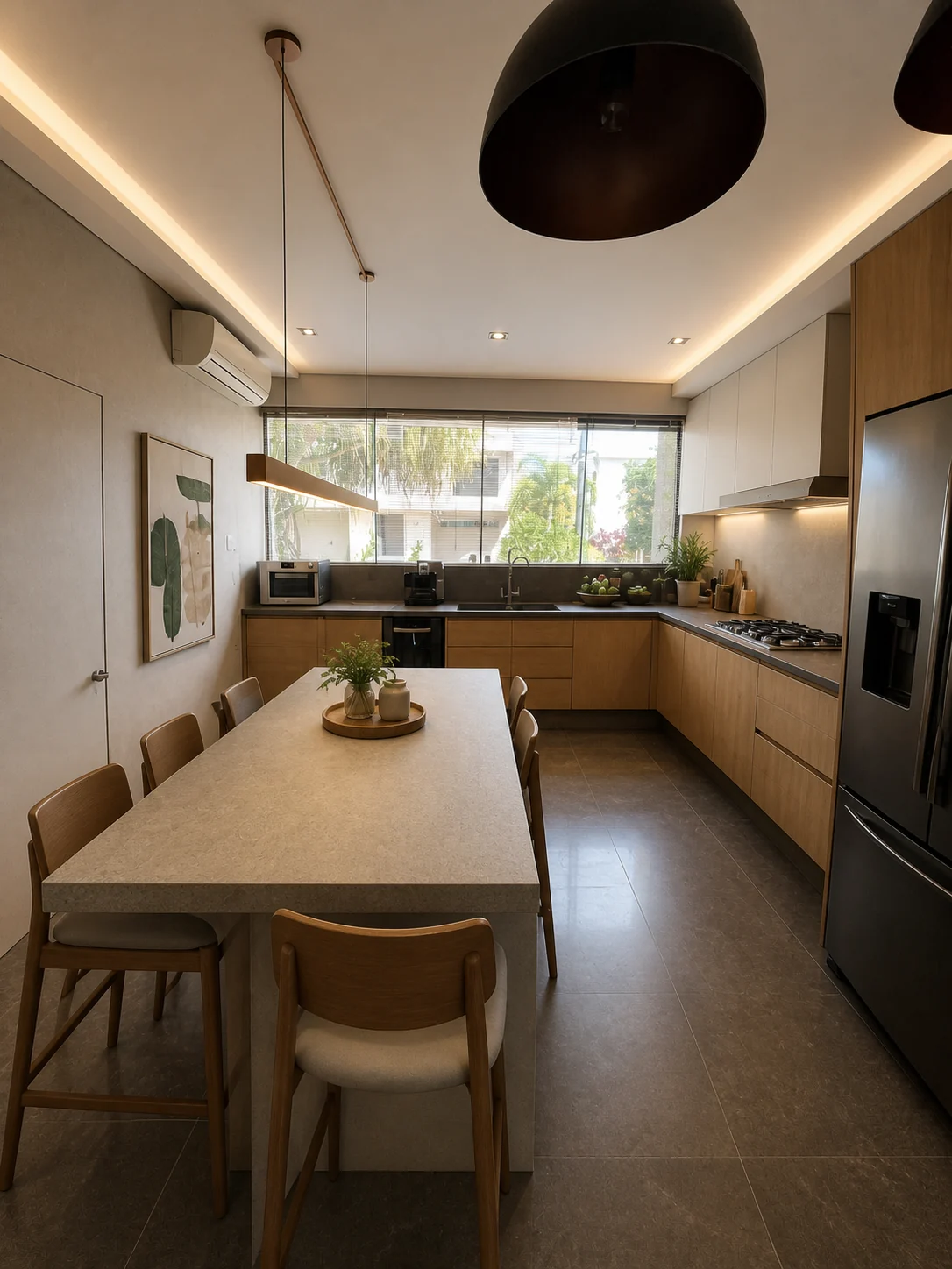 Estudo conceitual da cozinha com madeira natural, bancada central e iluminação indireta