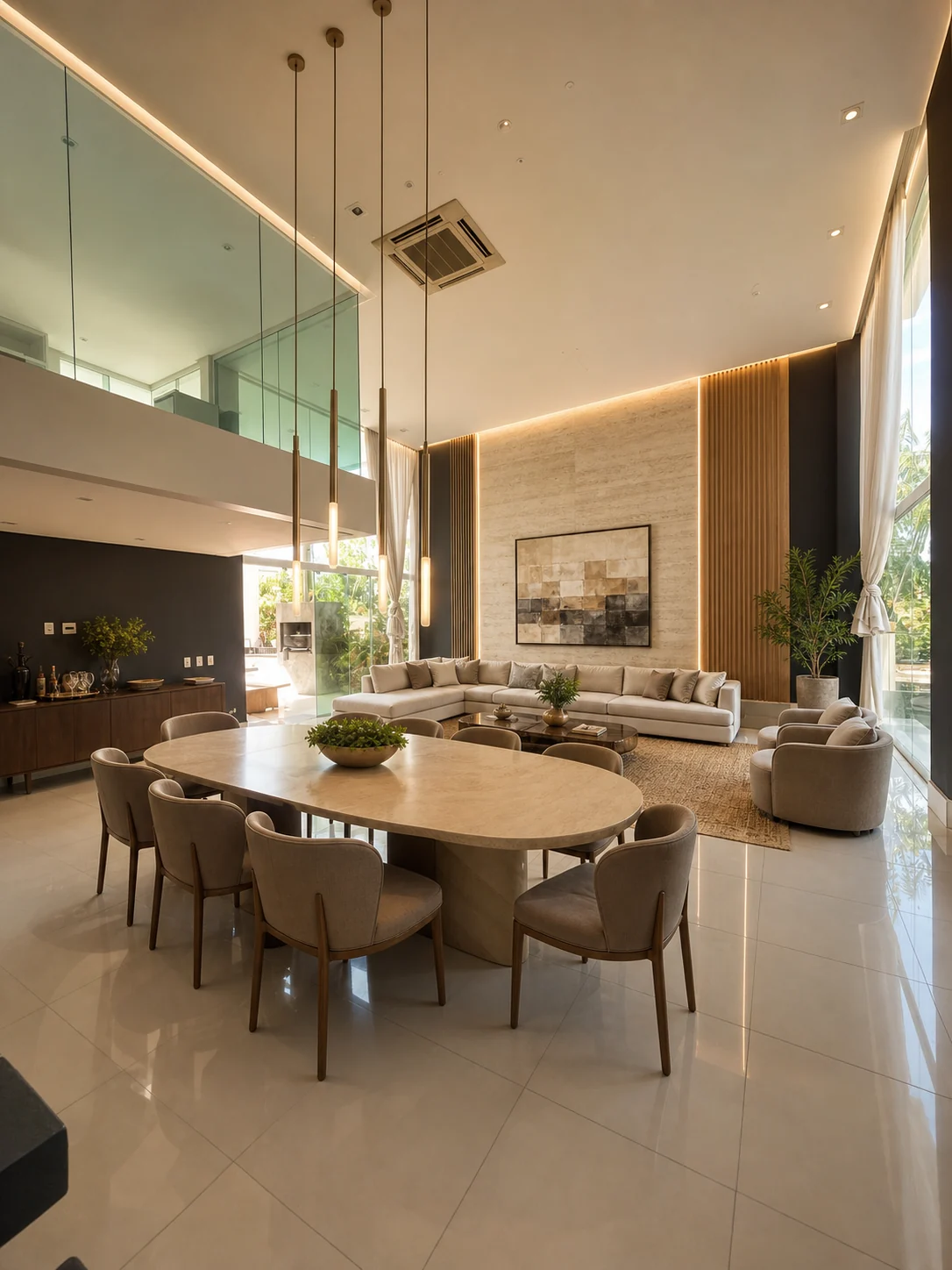 Estudo conceitual da sala e jantar com pedra clara, madeira e iluminação