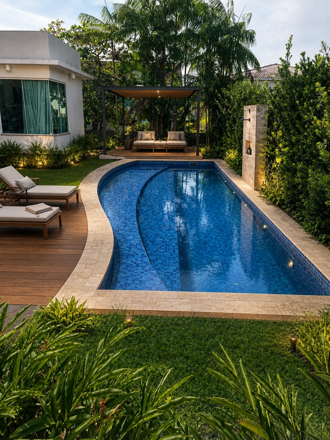Estudo conceitual da piscina com gazebo, paisagismo e iluminação