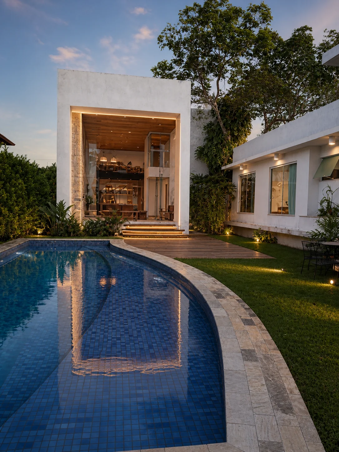 Estudo conceitual do pórtico da área gourmet iluminado ao entardecer, visto da piscina